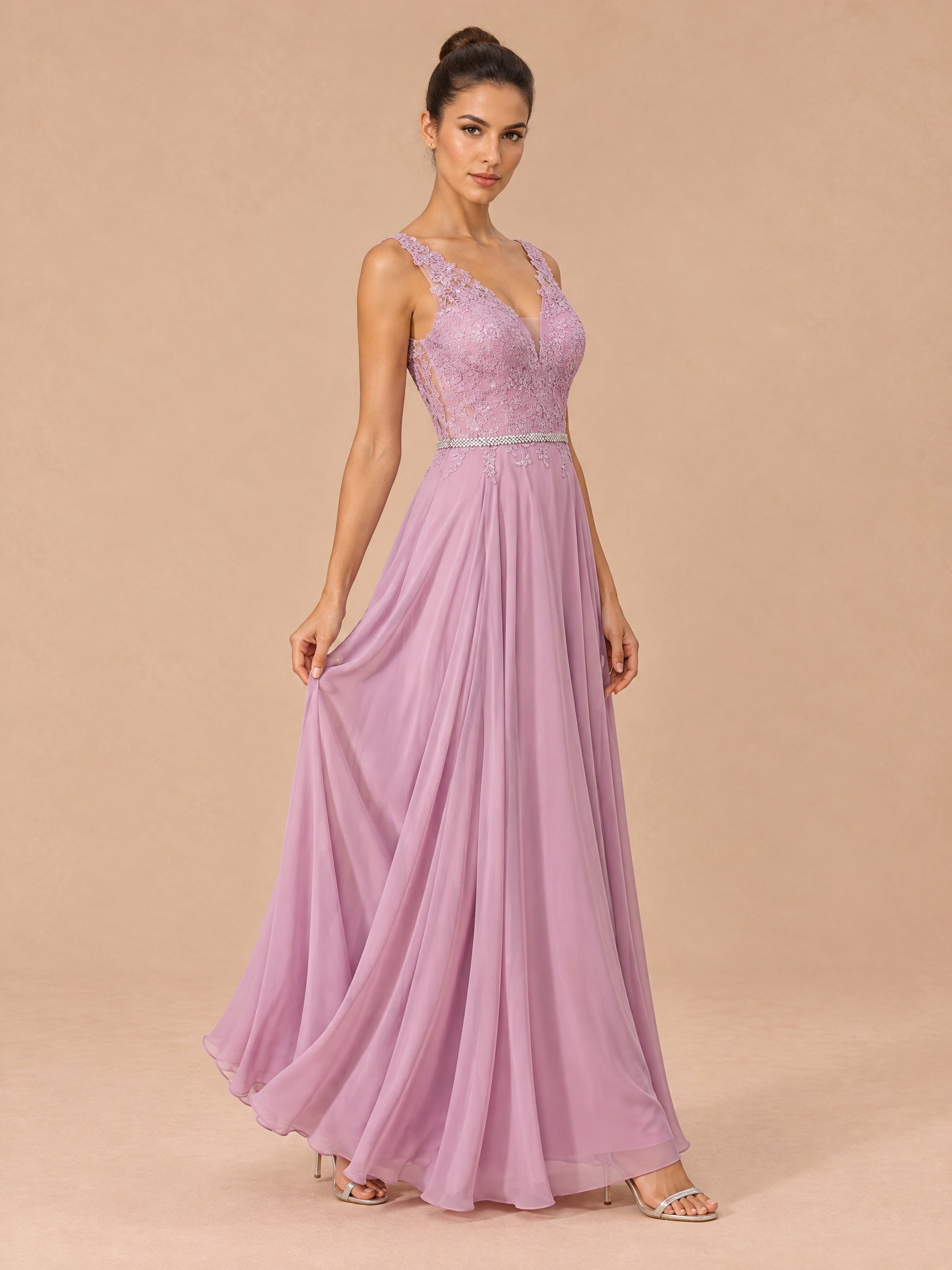 Augday Vivian V-Neck Lace Applique Chiffon Maxi Dress
