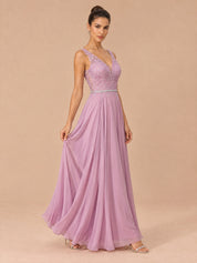 Augday Vivian V-Neck Lace Applique Chiffon Maxi Dress