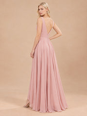 Augday Lily V-Neck Cascading Ruffle Asymmetric Chiffon Maxi Dress