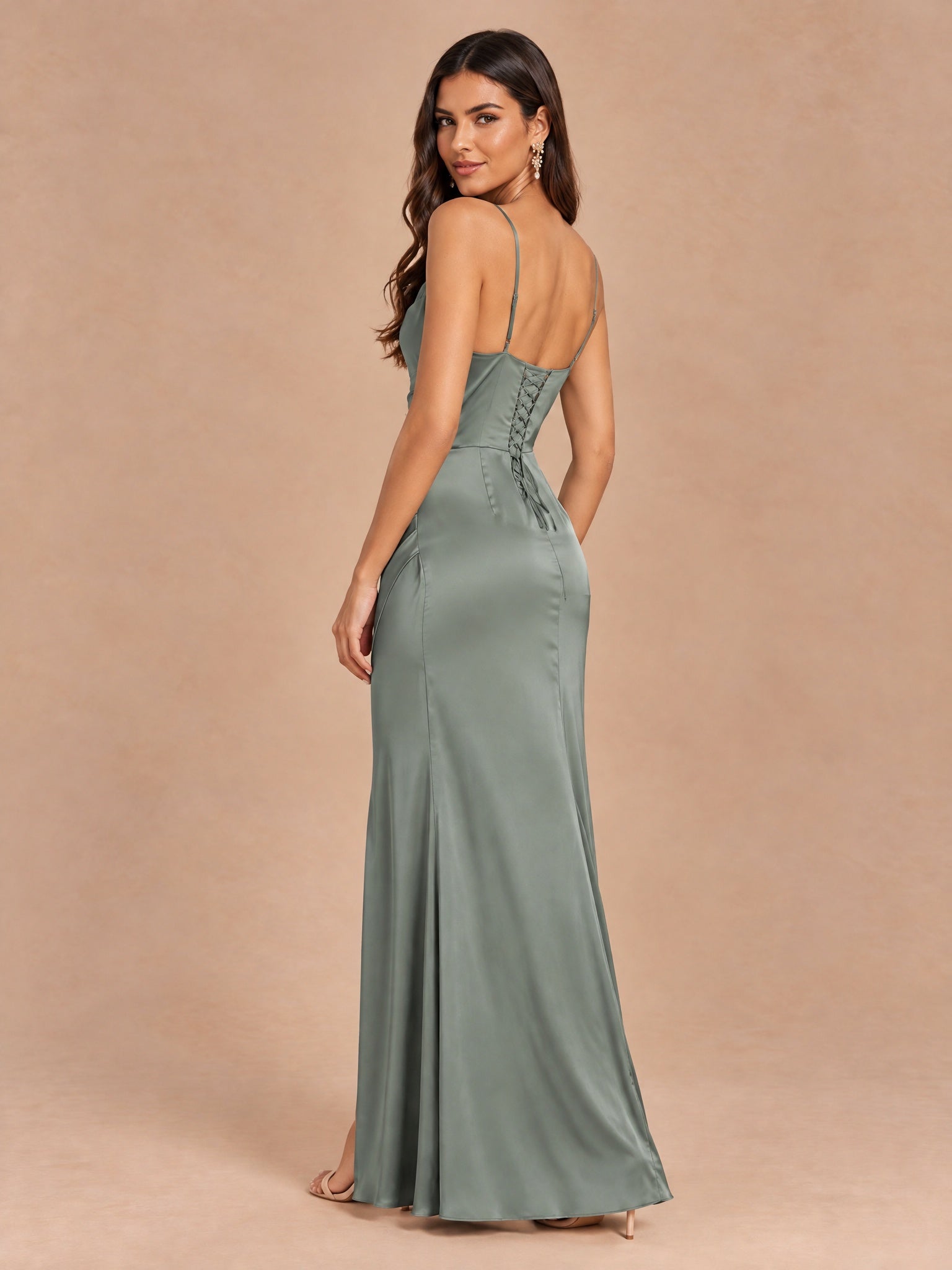 Augday Chloe Cowl Neck Ruched Satin Maxi Dress with Slit