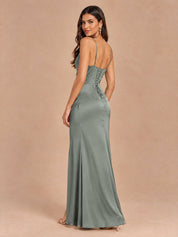 Augday Chloe Cowl Neck Ruched Satin Maxi Dress with Slit