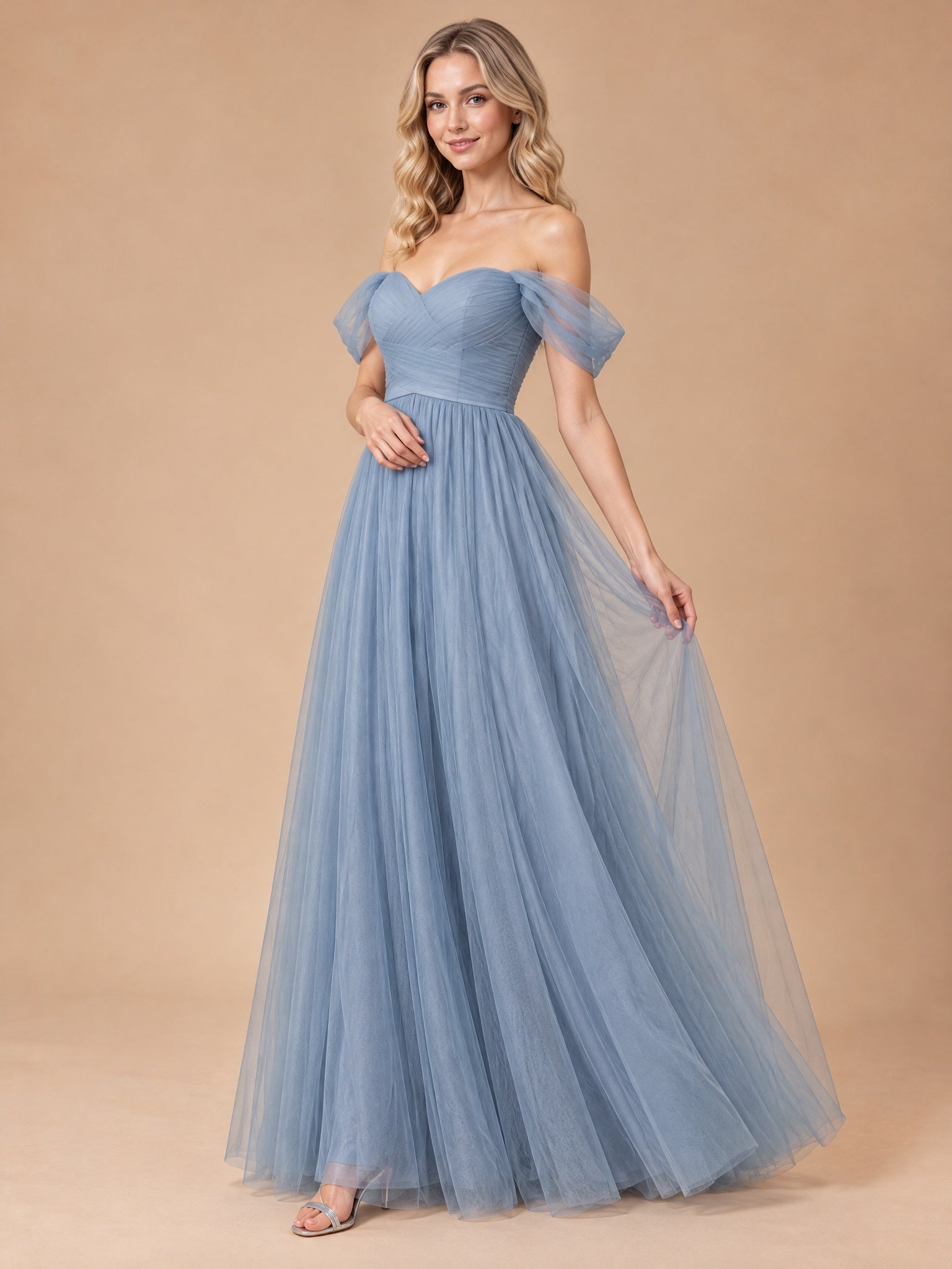 Augday Serena Off-the-Shoulder Sweetheart Pleated Tulle Maxi Dress