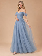 Augday Serena Off-the-Shoulder Sweetheart Pleated Tulle Maxi Dress