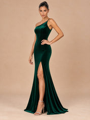 Augday Hazel One-Shoulder Spaghetti Strap Velvet Maxi Dress