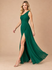 Augday Aurora One-Shoulder Pleated Chiffon Maxi Dress with Slit
