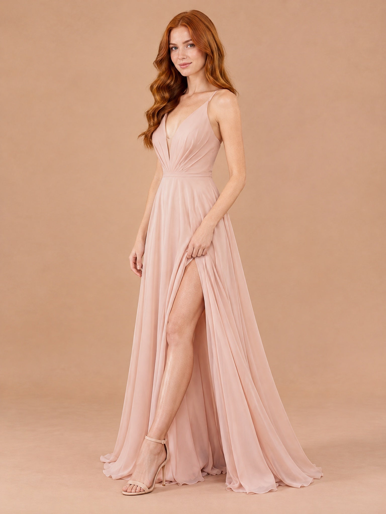 Augday Lily V-Neck Pleated Chiffon Maxi Dress with Slit