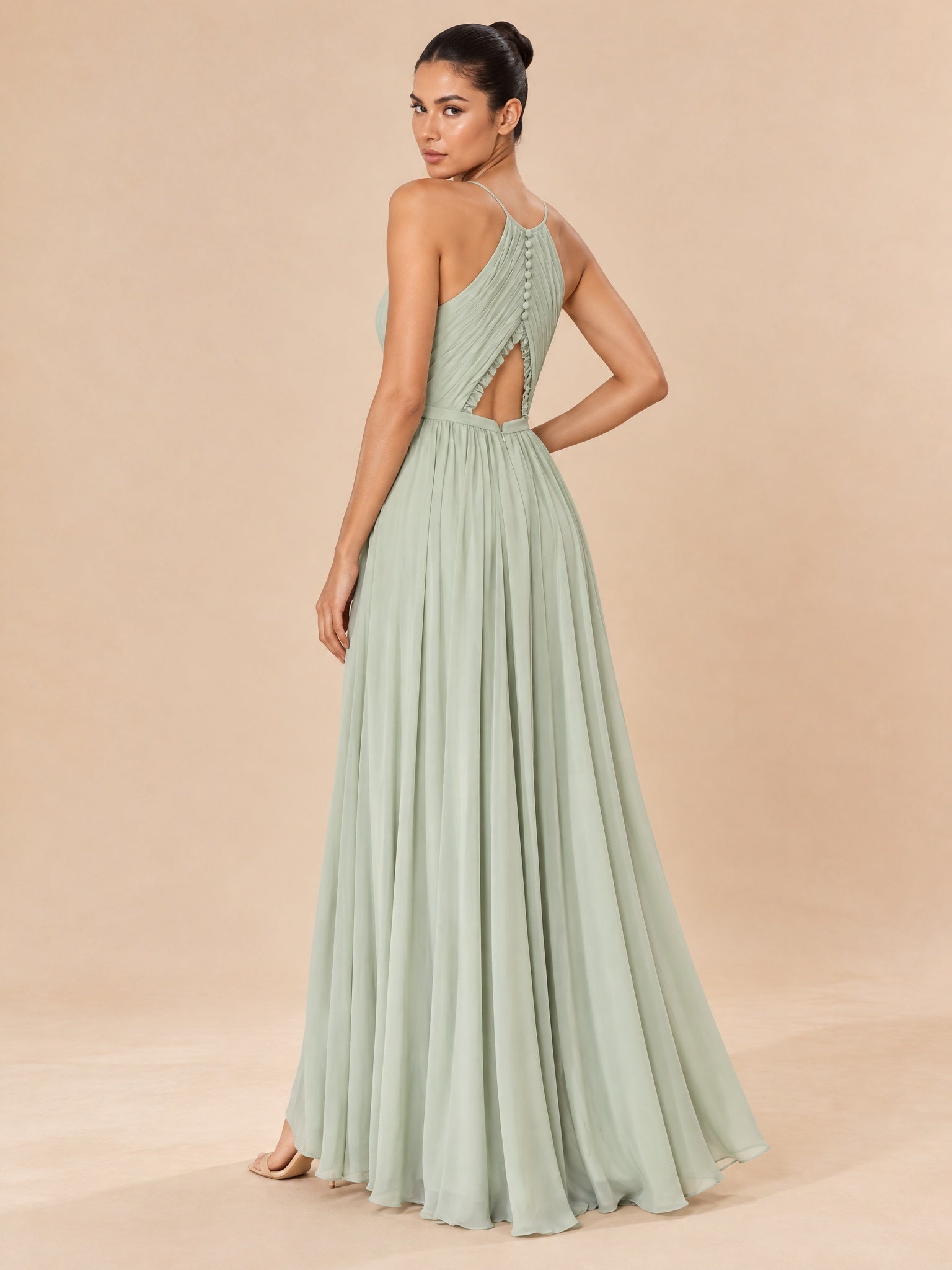 Augday Grace Halter Keyhole Pleated Chiffon Maxi Dress