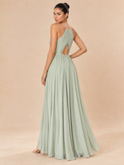 Augday Grace Halter Keyhole Pleated Chiffon Maxi Dress