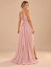 Augday Clara Halter Keyhole High-Low Pleated Chiffon Maxi Dress