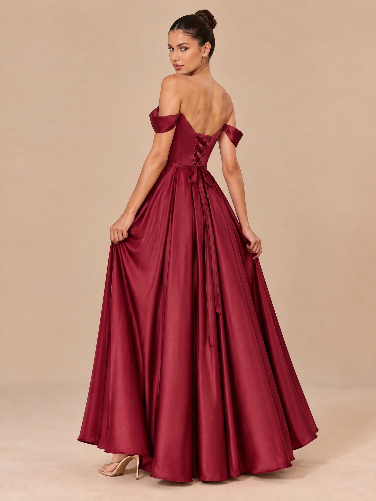 Augday Grace Off-the-Shoulder Sweetheart Pleated Satin Maxi Dress