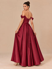 Augday Grace Off-the-Shoulder Sweetheart Pleated Satin Maxi Dress