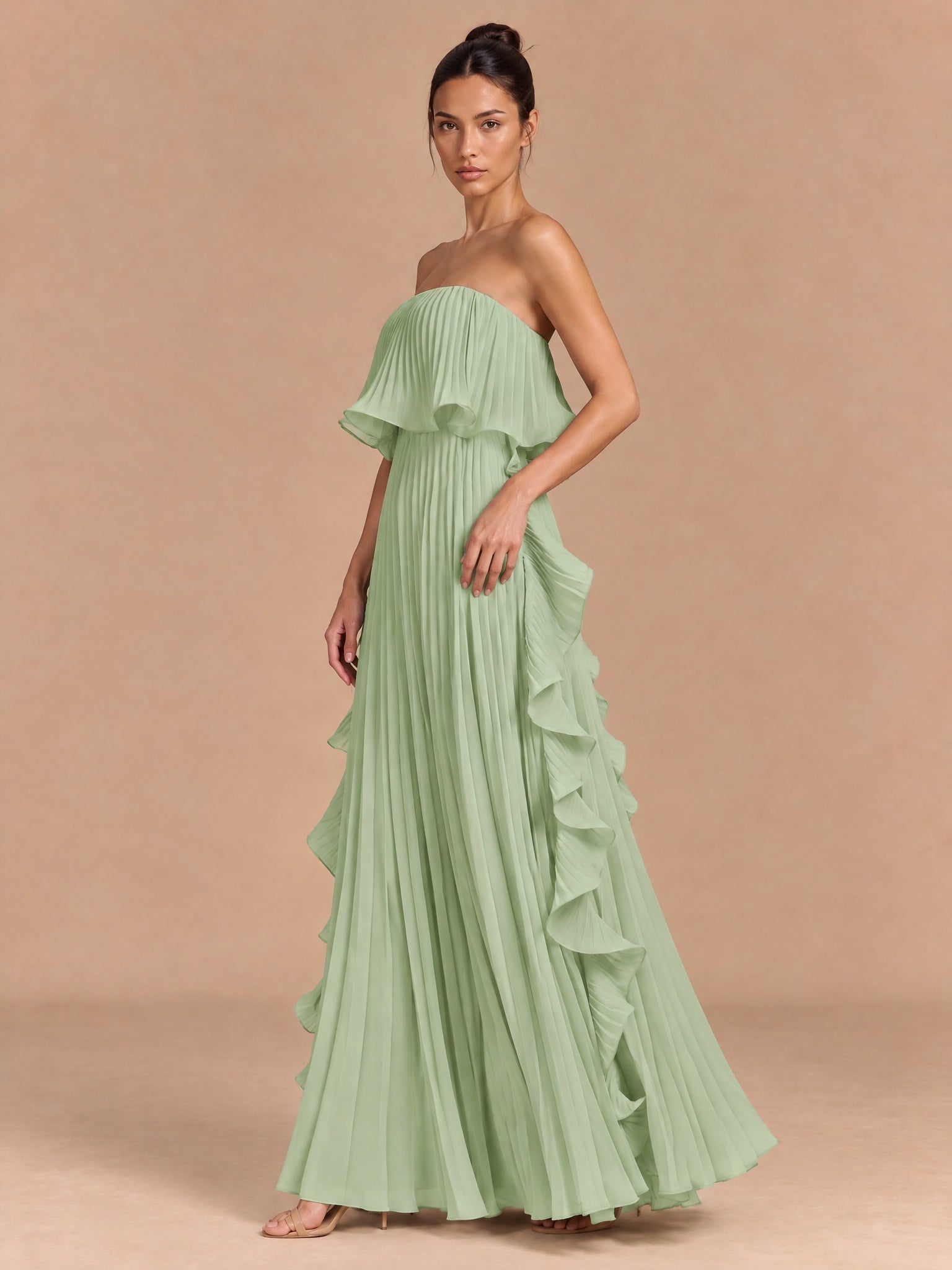 Augday Hazel Pleated Ruffle Strapless Chiffon Maxi Dress