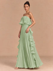 Augday Hazel Pleated Ruffle Strapless Chiffon Maxi Dress