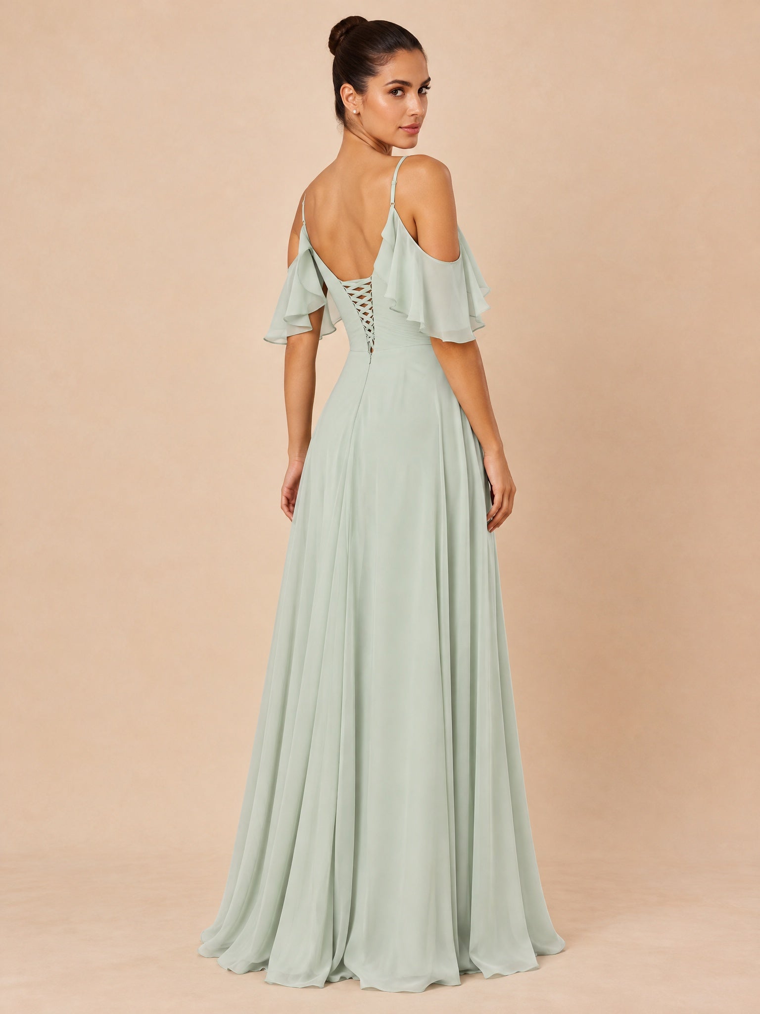Augday Isabella Cold-Shoulder V-Neck Twist Front Chiffon Maxi Dress