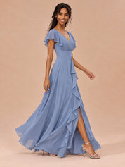 Augday Camilla V-Neck Flutter Sleeve Chiffon Maxi Dress with Ruffle Slit