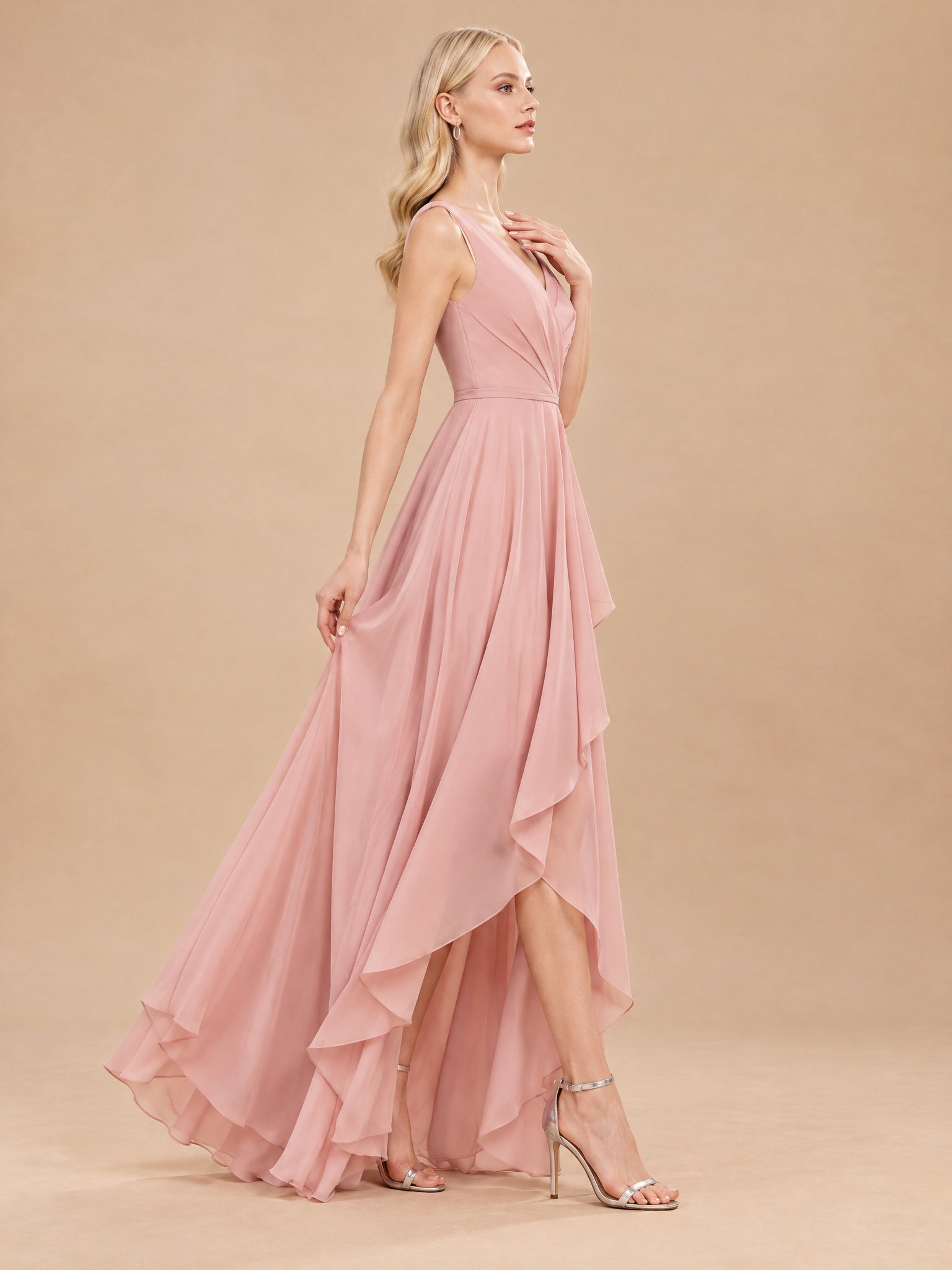 Augday Lily V-Neck Cascading Ruffle Asymmetric Chiffon Maxi Dress