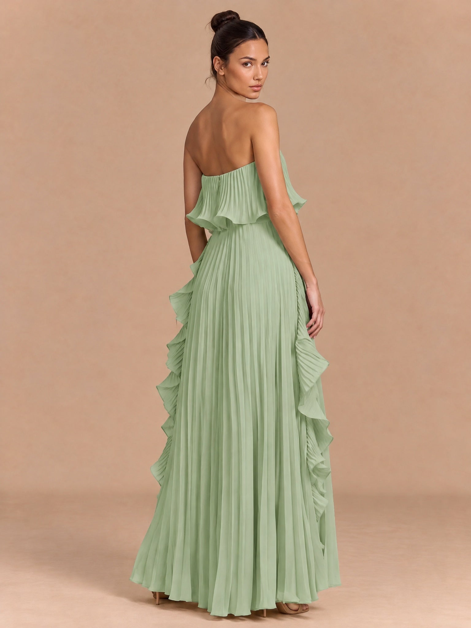 Augday Hazel Pleated Ruffle Strapless Chiffon Maxi Dress