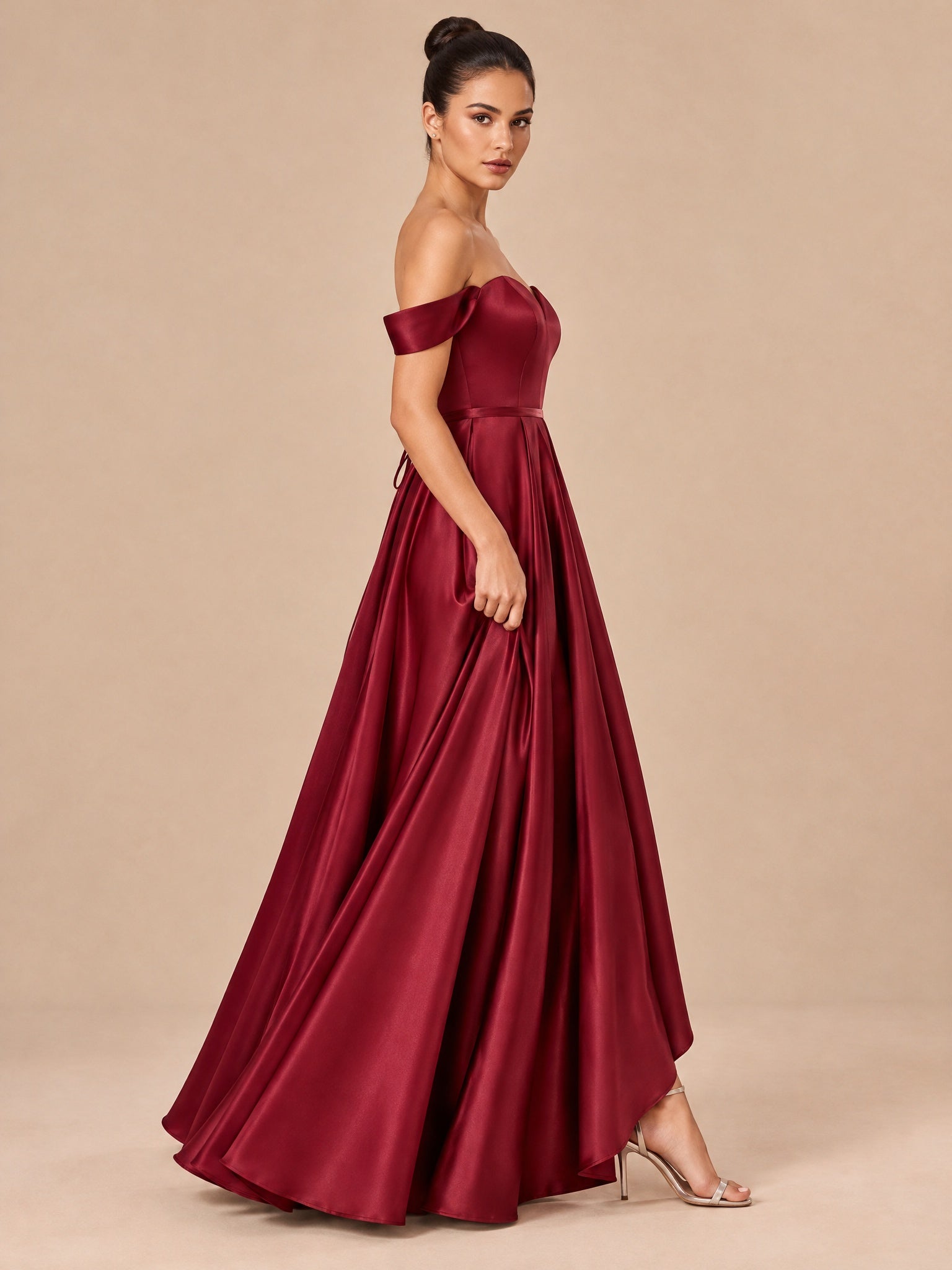 Augday Grace Off-the-Shoulder Sweetheart Pleated Satin Maxi Dress