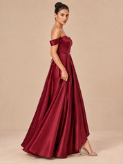 Augday Grace Off-the-Shoulder Sweetheart Pleated Satin Maxi Dress