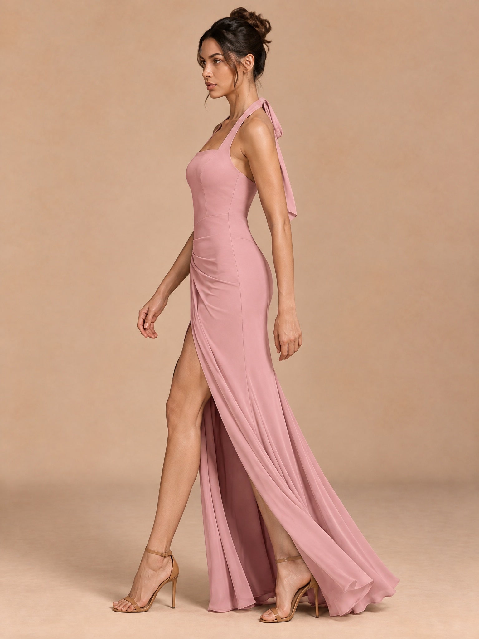 Augday Camilla Halter Square Neck Draped Sash Maxi Dress with Slit