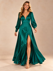 Augday Charlotte Deep V-Neck Long Sleeve Satin Maxi Dress with Slit
