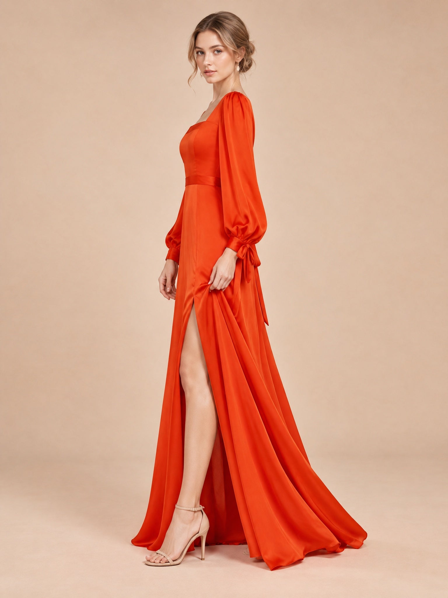 Augday Evelyn Square Neck Long Bishop Sleeve Satin Maxi Dress with Slit