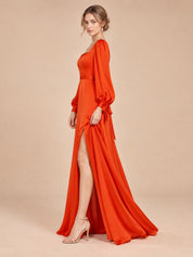 Augday Evelyn Square Neck Long Bishop Sleeve Satin Maxi Dress with Slit
