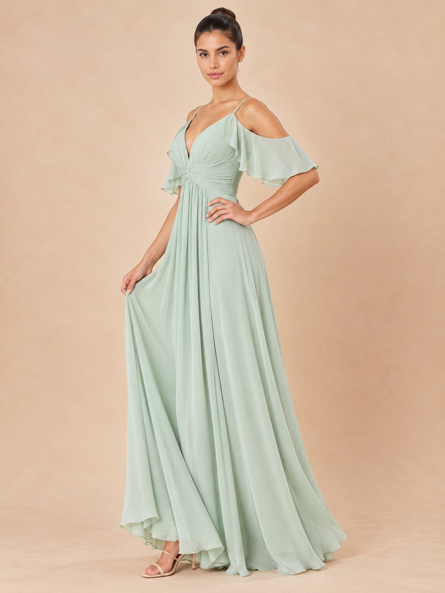 Augday Isabella Cold-Shoulder V-Neck Twist Front Chiffon Maxi Dress