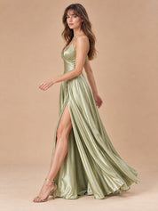 Augday Eleanor Sweetheart V-Neck Pleated Satin Maxi Dress