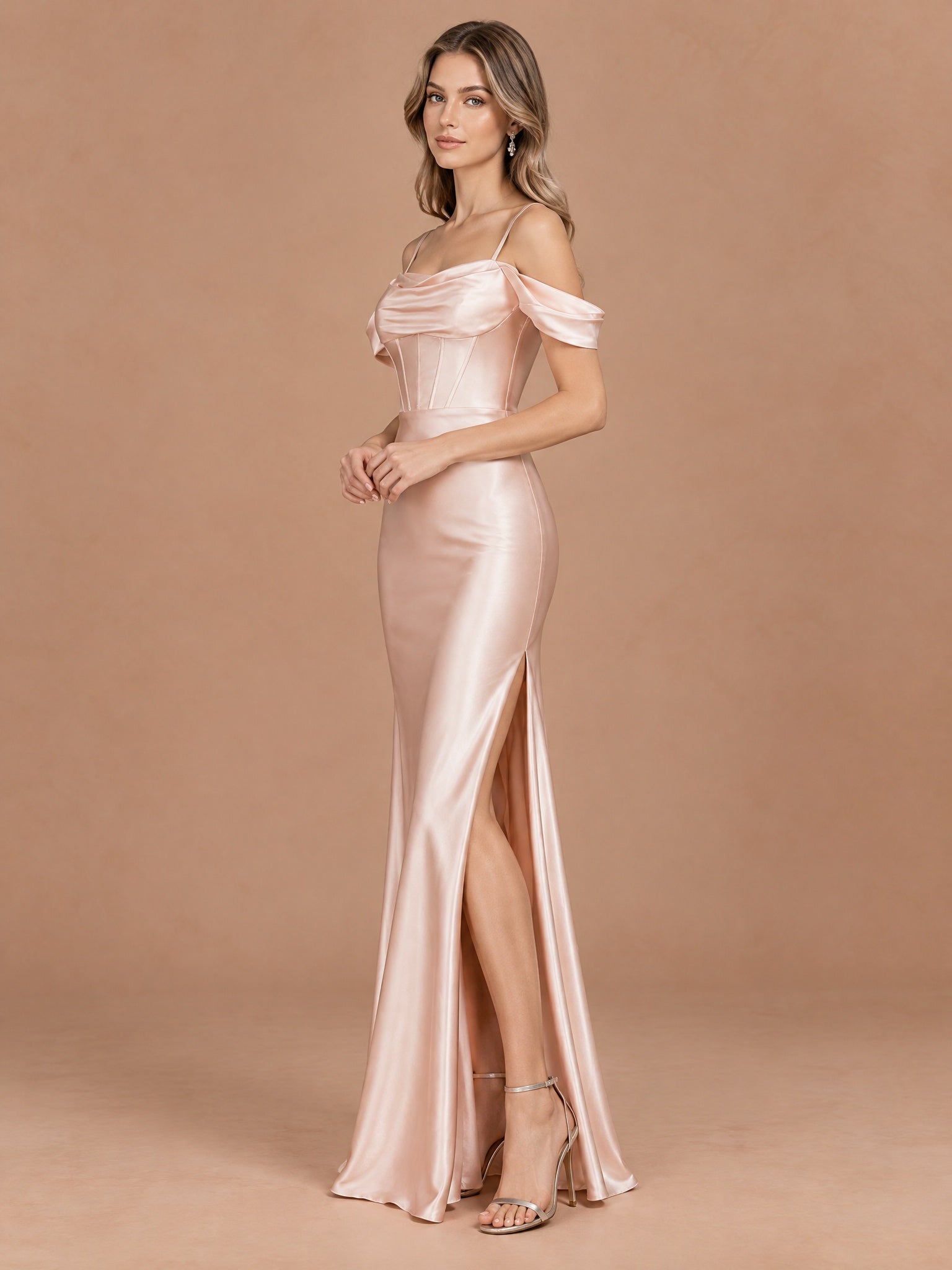 Augday Vivian Off-the-Shoulder Cowl Corset Satin Maxi Dress