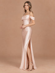 Augday Vivian Off-the-Shoulder Cowl Corset Satin Maxi Dress