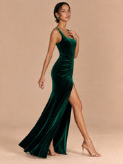 Augday Seraphina Square Neck Ruched Velvet Maxi Dress with Slit