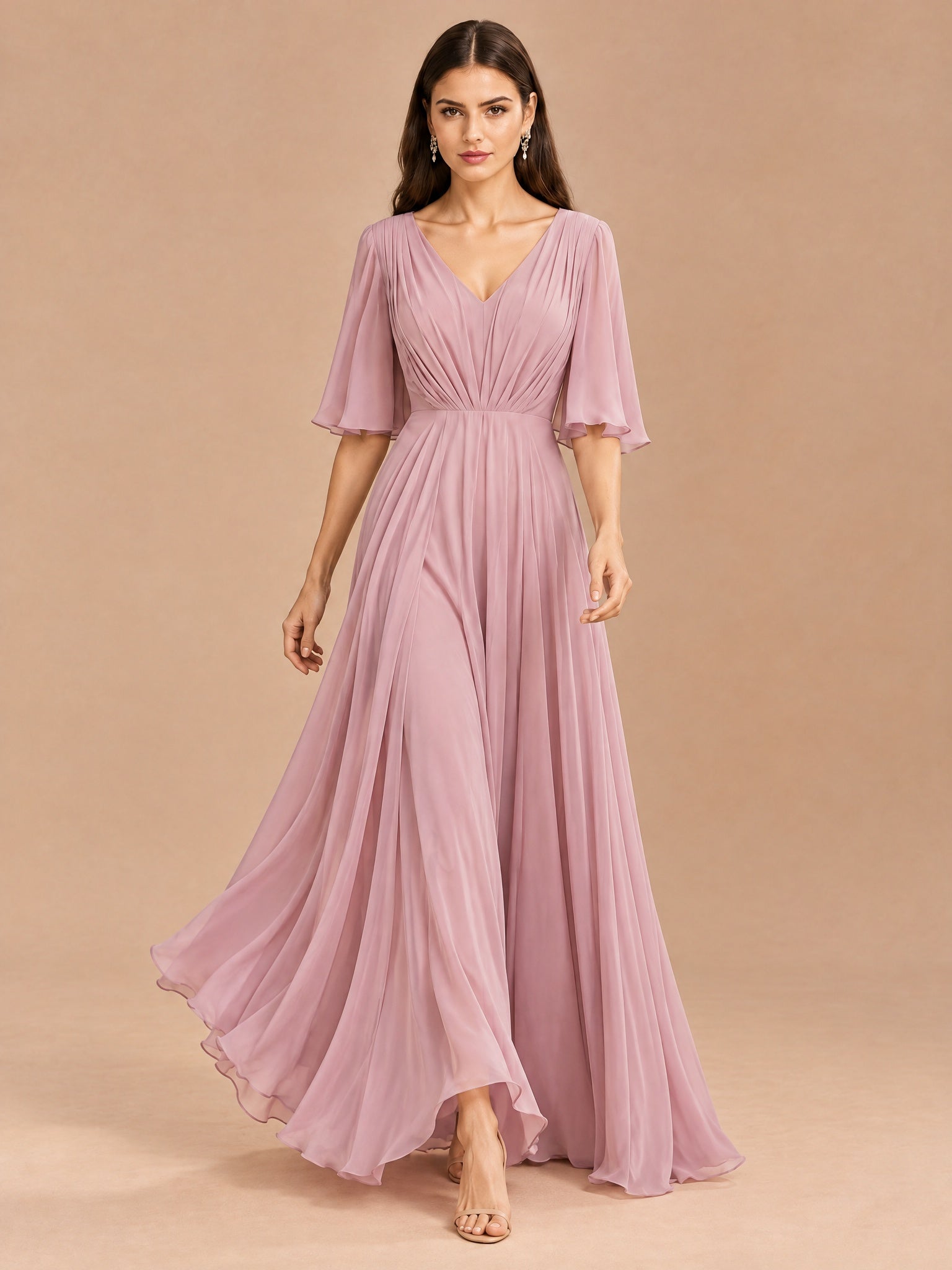 Augday Aurora V-Neck Flutter Half Sleeve Pleated Chiffon Maxi Dress