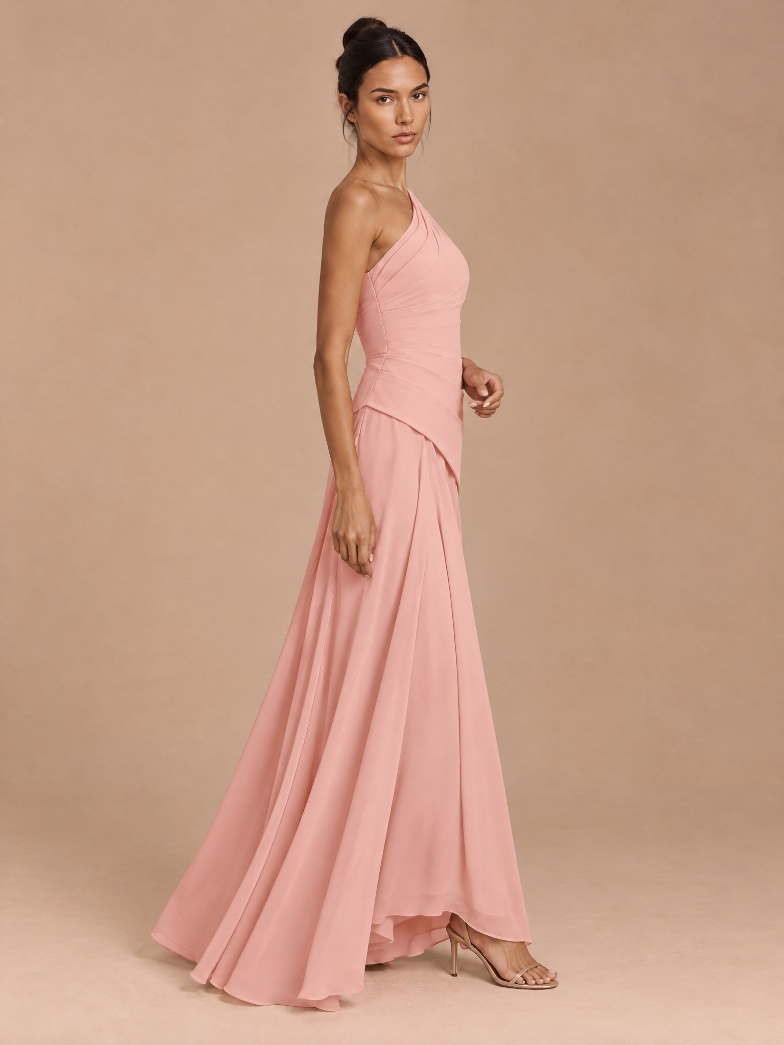 Augday Abigail Blush Pink One-Shoulder Lace-Up Chiffon Maxi Dress