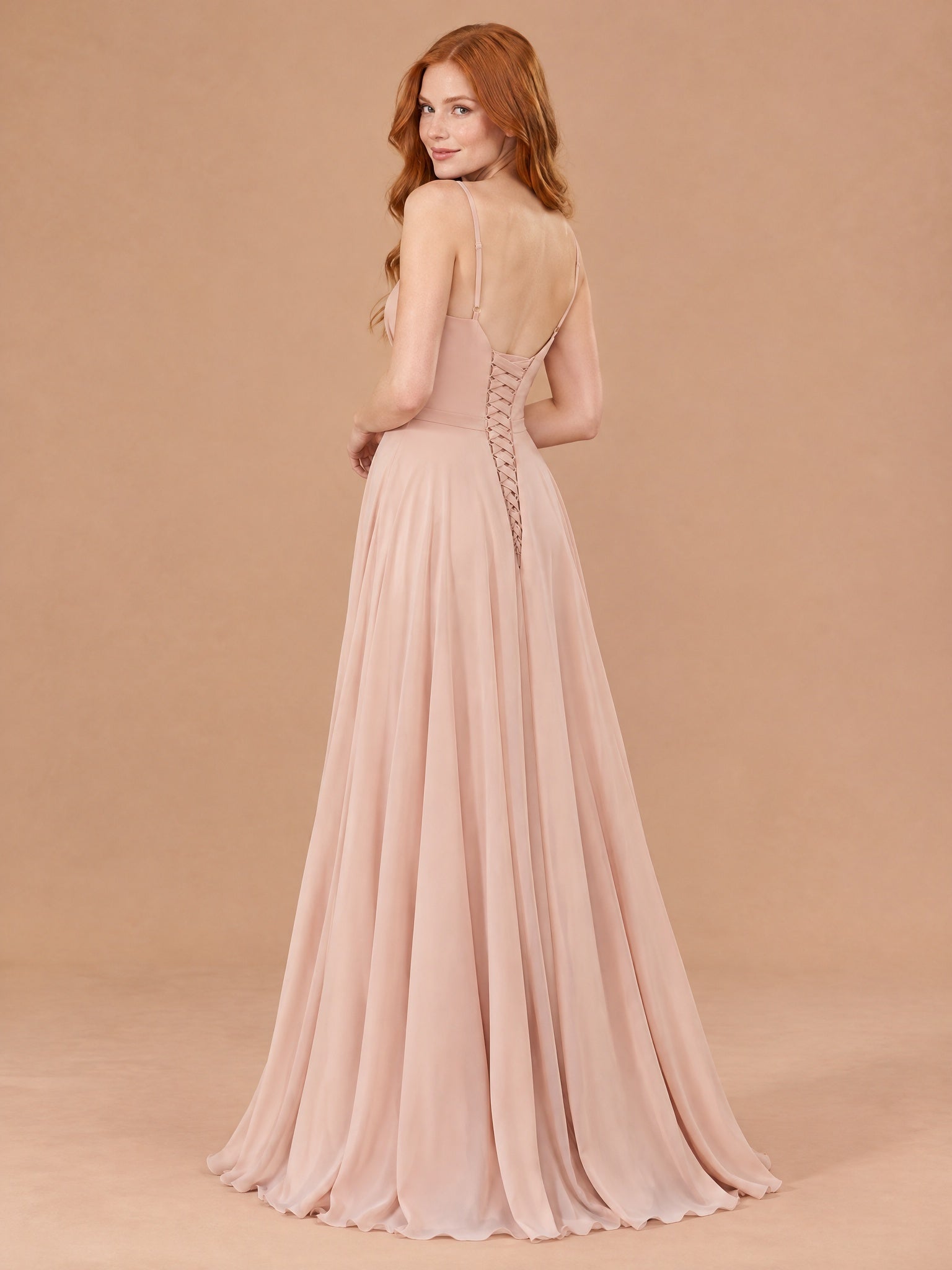 Augday Lily V-Neck Pleated Chiffon Maxi Dress with Slit