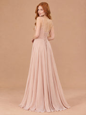 Augday Lily V-Neck Pleated Chiffon Maxi Dress with Slit