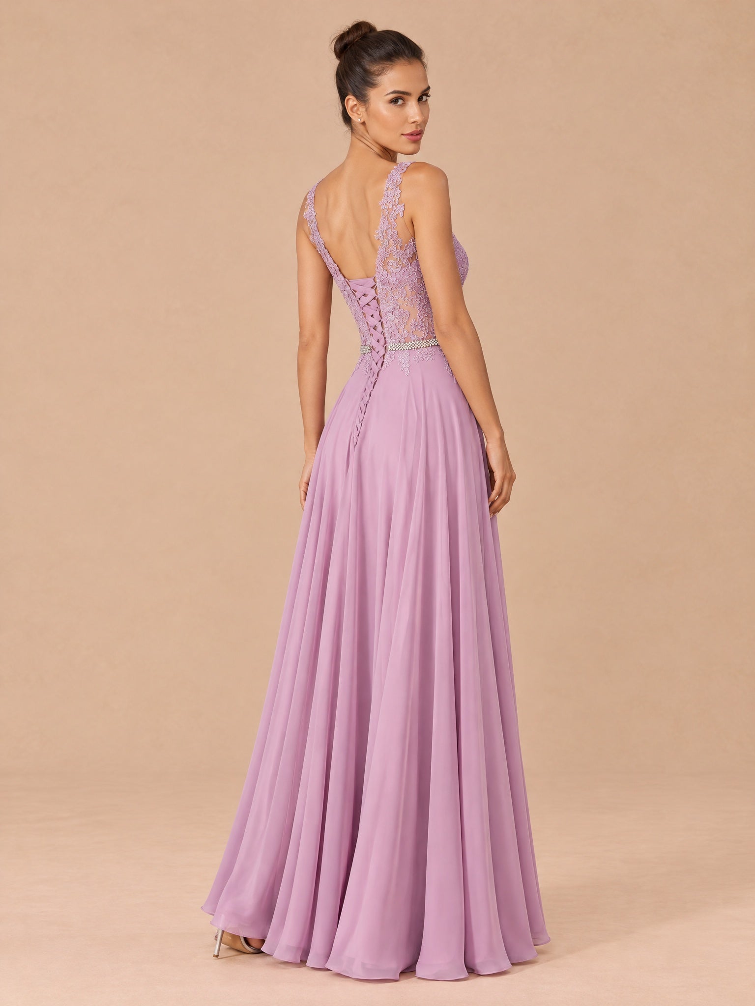 Augday Vivian V-Neck Lace Applique Chiffon Maxi Dress