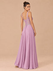 Augday Vivian V-Neck Lace Applique Chiffon Maxi Dress
