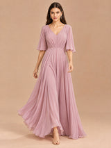 Augday Aurora V-Neck Flutter Half Sleeve Pleated Chiffon Maxi Dress