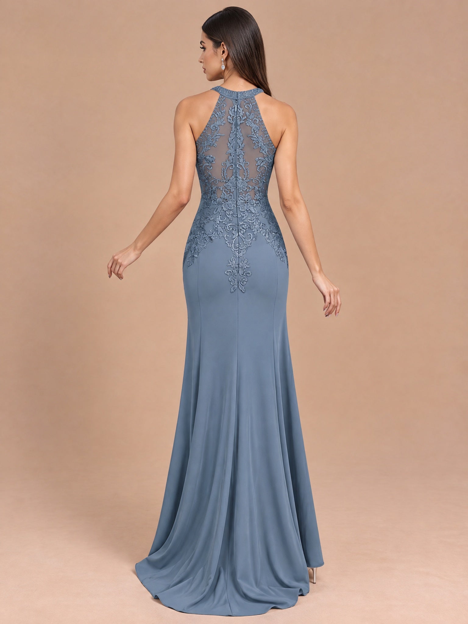 Augday Isabella Beaded Halter Lace Mermaid Maxi Dress with Removable Cape