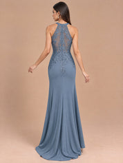 Augday Isabella Beaded Halter Lace Mermaid Maxi Dress with Removable Cape