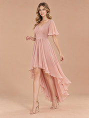 Augday Chloe V-Neck Flutter Sleeve High-Low Pleated Chiffon Maxi Dress