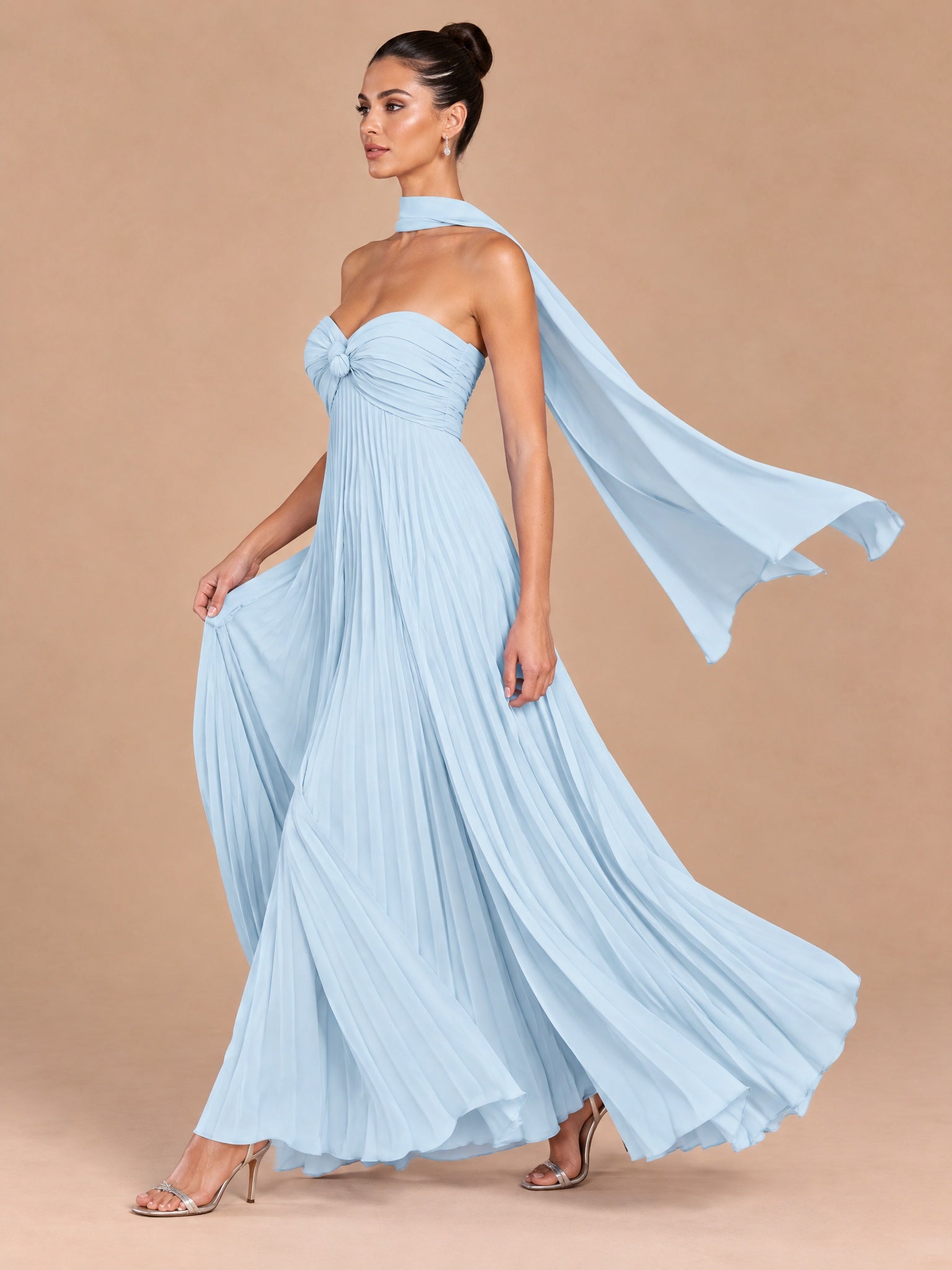 Augday Charlotte Strapless Pleated Chiffon Maxi Dress with Scarf
