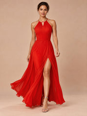 Augday Amara Halter Keyhole Open Back Chiffon Maxi Dress with Tie Bow