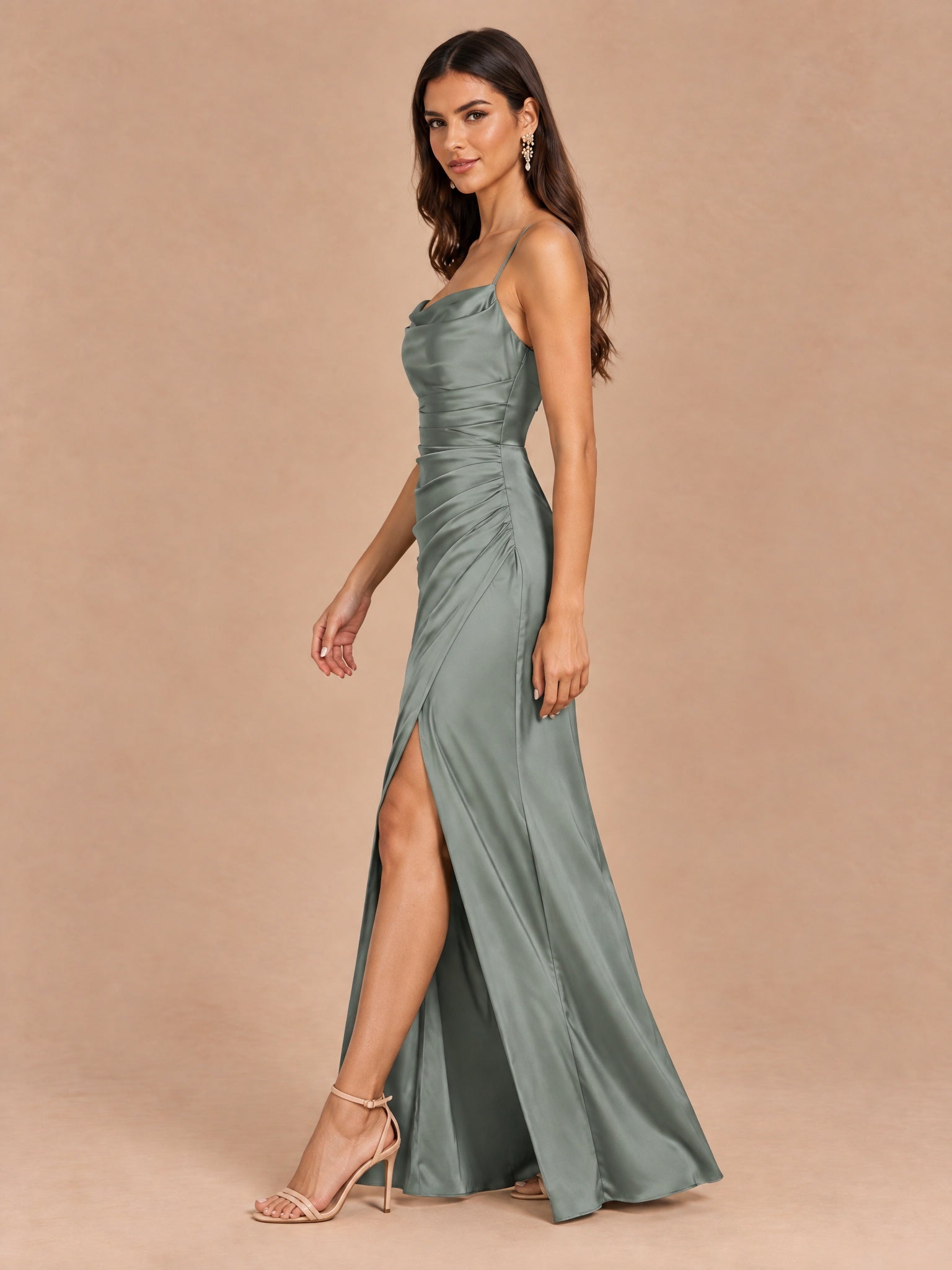 Augday Chloe Cowl Neck Ruched Satin Maxi Dress with Slit