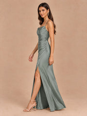 Augday Chloe Cowl Neck Ruched Satin Maxi Dress with Slit