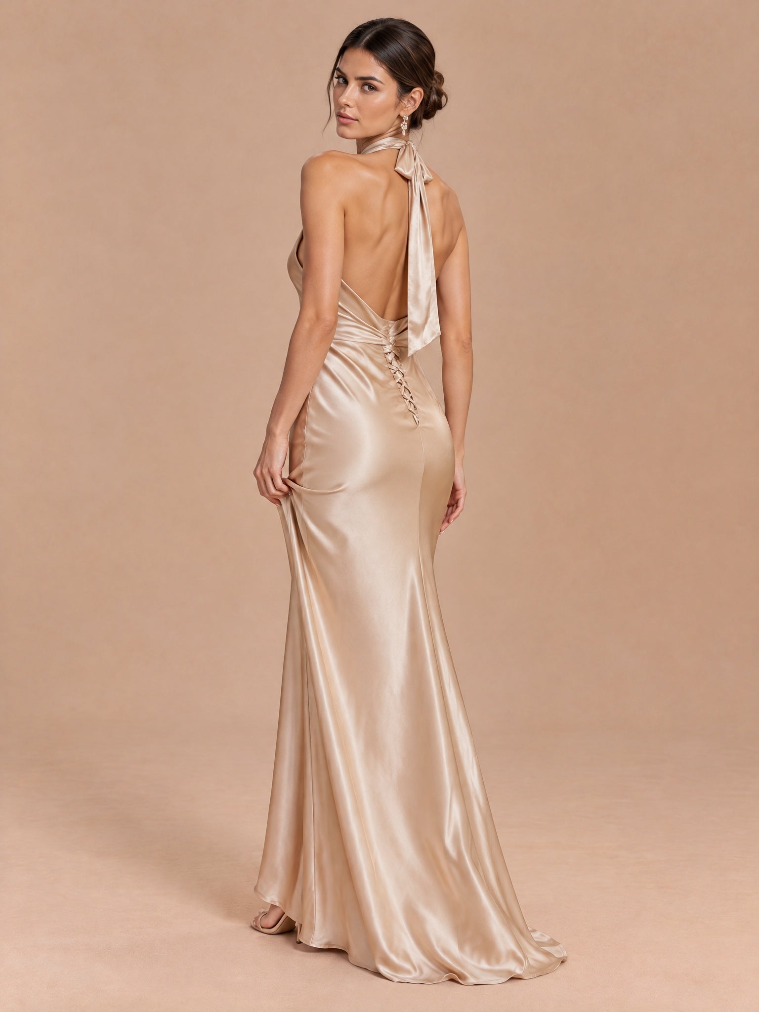Augday Penelope Cross Halter Twist-Front Open Back Satin Maxi Dress