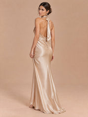 Augday Penelope Cross Halter Twist-Front Open Back Satin Maxi Dress