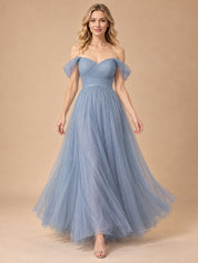 Augday Serena Off-the-Shoulder Sweetheart Pleated Tulle Maxi Dress