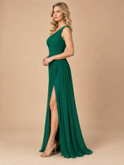 Augday Aurora One-Shoulder Pleated Chiffon Maxi Dress with Slit